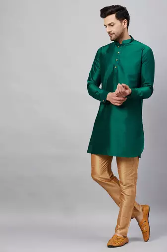 Green And Rose Gold Cotton Blend Kurta Pyjama Set
