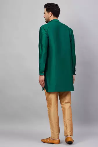 Green And Rose Gold Cotton Blend Kurta Pyjama Set