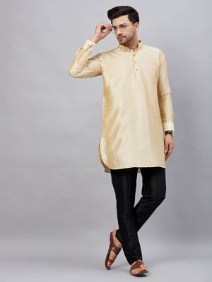 Gold And Black Cotton Blend Kurta Pyjama Set 1