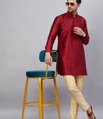 Men'S Maroon And Gold Cotton Blend Kurta Pyjama Set