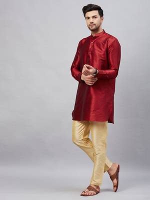 Men'S Maroon And Gold Cotton Blend Kurta Pyjama Set 2