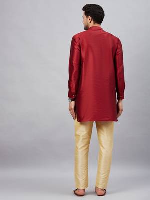 Men'S Maroon And Gold Cotton Blend Kurta Pyjama Set 3