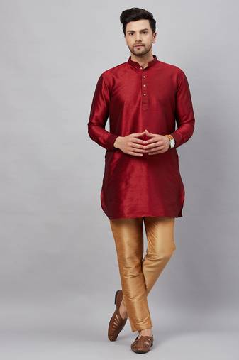 Men'S Maroon And Rose Gold Cotton Blend Kurta Pyjama Set