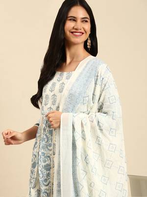 Showoff women's round neck floral screen print cream anarkali kurta and trouser with dupatta 1