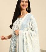 Showoff women's round neck floral screen print cream anarkali kurta and trouser with dupatta