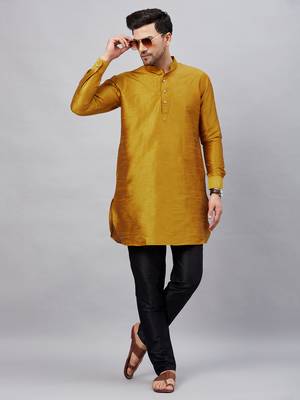 Mustard And Black Cotton Blend Kurta Pyjama Set 1