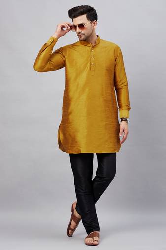 Men'S Mustard And Black Cotton Blend Kurta Pyjama Set