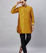 Mustard And Black Cotton Blend Kurta Pyjama Set