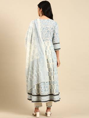 Showoff women's round neck floral screen print cream anarkali kurta and trouser with dupatta 4