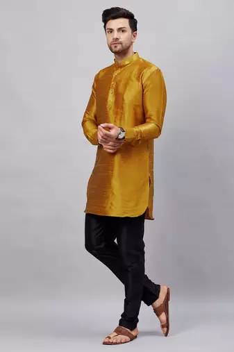 Mustard And Black Cotton Blend Kurta Pyjama Set
