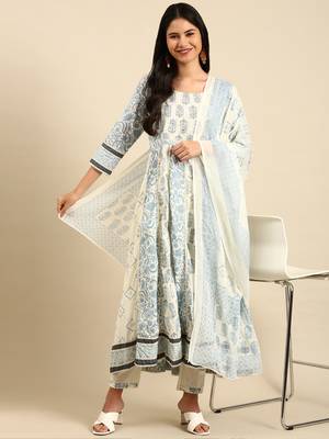 Showoff women's round neck floral screen print cream anarkali kurta and trouser with dupatta 5