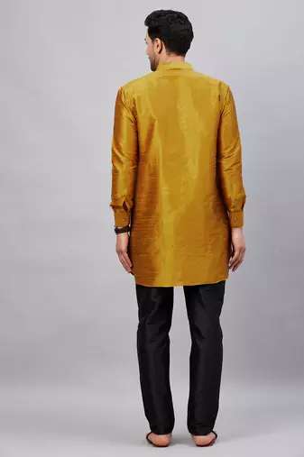Mustard And Black Cotton Blend Kurta Pyjama Set