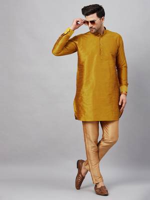 Mustard And Rose Gold Cotton Blend Kurta Pyjama Set 1