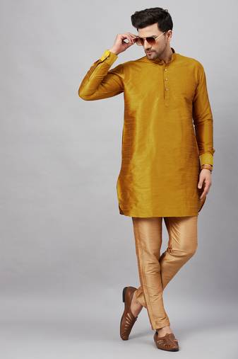 Men'S Mustard And Rose Gold Cotton Blend Kurta Pyjama Set