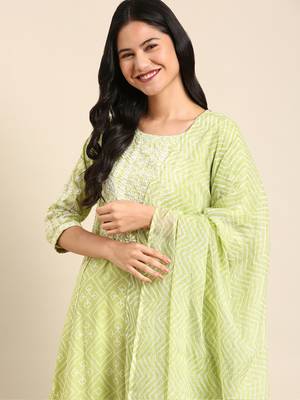 women's scoop neck bandhani lime green anarkali kurta and palazzos with dupatta 1