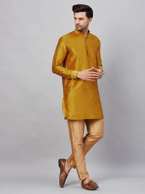 Mustard And Rose Gold Cotton Blend Kurta Pyjama Set 2