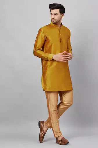 Mustard And Rose Gold Cotton Blend Kurta Pyjama Set
