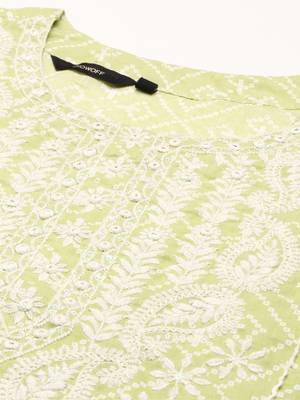 women's scoop neck bandhani lime green anarkali kurta and palazzos with dupatta 2
