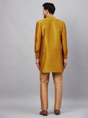 Mustard And Rose Gold Cotton Blend Kurta Pyjama Set 3