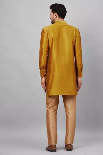 Mustard And Rose Gold Cotton Blend Kurta Pyjama Set