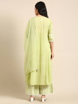 women's scoop neck bandhani lime green anarkali kurta and palazzos with dupatta 4