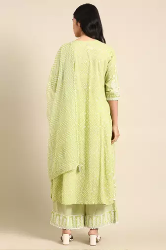 women's scoop neck bandhani lime green anarkali kurta and palazzos with dupatta