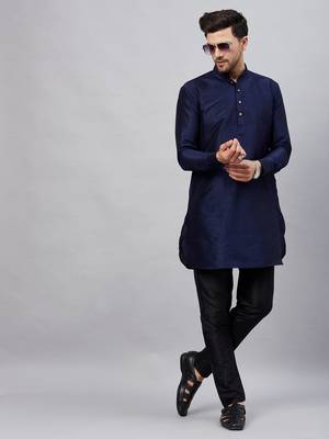 Navy Blue And Black Cotton Blend Kurta Pyjama Set 1