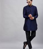 Navy Blue And Black Cotton Blend Kurta Pyjama Set