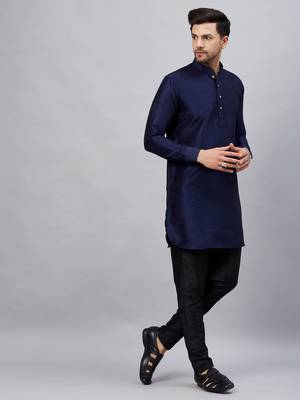 Navy Blue And Black Cotton Blend Kurta Pyjama Set 2
