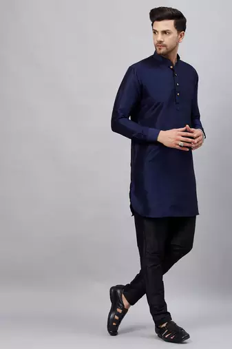 Navy Blue And Black Cotton Blend Kurta Pyjama Set