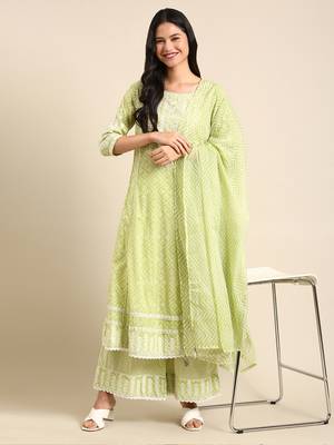 women's scoop neck bandhani lime green anarkali kurta and palazzos with dupatta 5