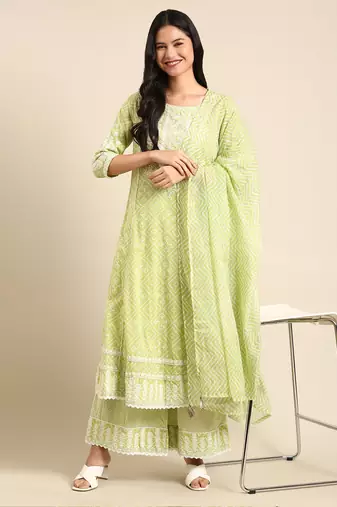 women's scoop neck bandhani lime green anarkali kurta and palazzos with dupatta