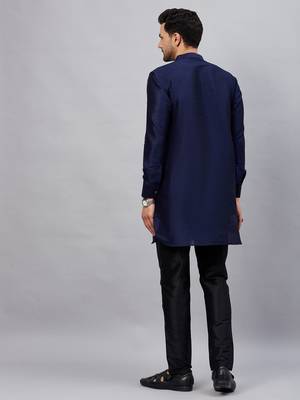 Navy Blue And Black Cotton Blend Kurta Pyjama Set 3
