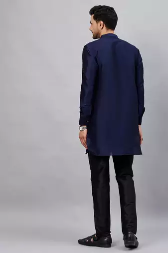 Navy Blue And Black Cotton Blend Kurta Pyjama Set