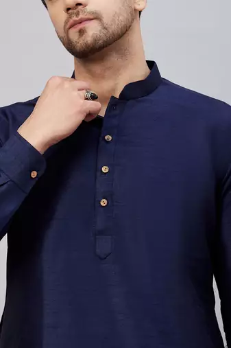 Navy Blue And Black Cotton Blend Kurta Pyjama Set