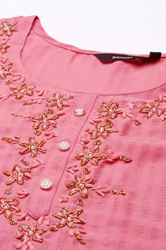 women's scoop neck solid pink straight kurta and trouser