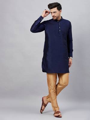 Navy Blue And Rose Gold Cotton Blend Kurta Pyjama Set 1