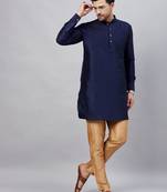 Navy Blue And Rose Gold Cotton Blend Kurta Pyjama Set