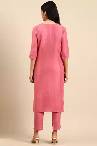 women's scoop neck solid pink straight kurta and trouser
