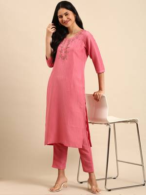 women's scoop neck solid pink straight kurta and trouser 5