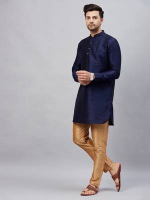 Navy Blue And Rose Gold Cotton Blend Kurta Pyjama Set 2