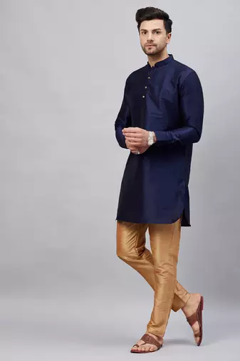 Navy Blue And Rose Gold Cotton Blend Kurta Pyjama Set