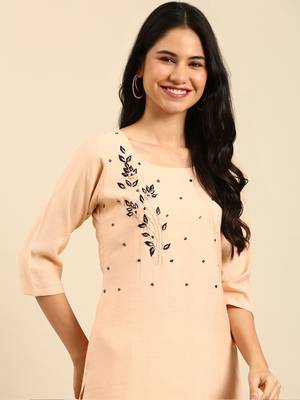 Showoff women's scoop neck solid peach straight kurta and trouser 1