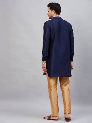 Navy Blue And Rose Gold Cotton Blend Kurta Pyjama Set 3