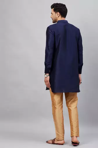 Navy Blue And Rose Gold Cotton Blend Kurta Pyjama Set