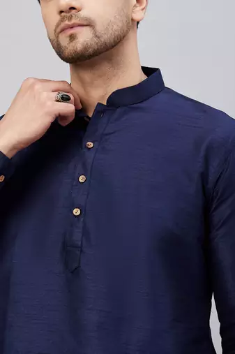 Navy Blue And Rose Gold Cotton Blend Kurta Pyjama Set