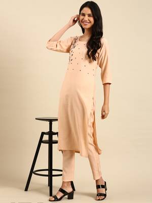 Showoff women's scoop neck solid peach straight kurta and trouser 4