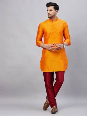 Orange And Maroon Cotton Blend Kurta Pyjama Set 1