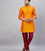 Men'S Orange And Maroon Cotton Blend Kurta Pyjama Set