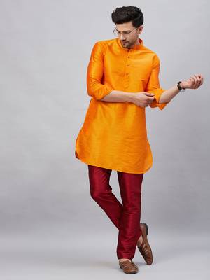 Orange And Maroon Cotton Blend Kurta Pyjama Set 2
